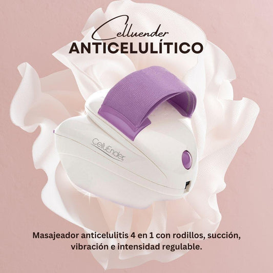 Masajeador anticelulitis 4 en 1 con rodillos, succión, vibración e intensidad regulable.